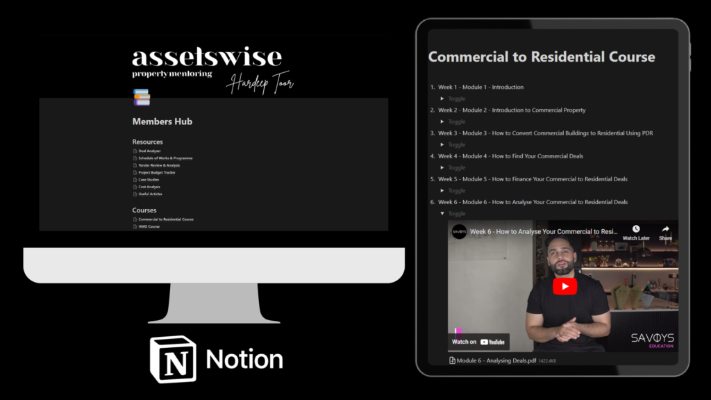 A view of the assetswise property mentoring for HMO and commercial to residential conversions members hub